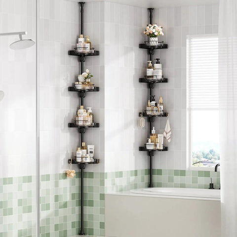 No Sweat Setup 360 Degree Rotating Shower Caddy Tension Pole With Four Tier Rustproof Corner Shelf in black with toiletries