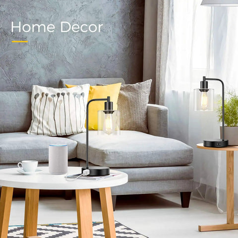 Living room with Set Of 2 Industrial Touch Control Table Lamps With 2 USB Ports And AC Outlet and modern decor.