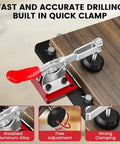 Concealed Hinge Jig For Cabinet Doors 35mm Metal Pro Grade DIY Woodworking Tool Kit With Precision Drill Bit Door Hinge Mounting Jig For Easy Cabinet Installations Durable Aluminum Alloy Built To Last shown with built-in quick clamp.