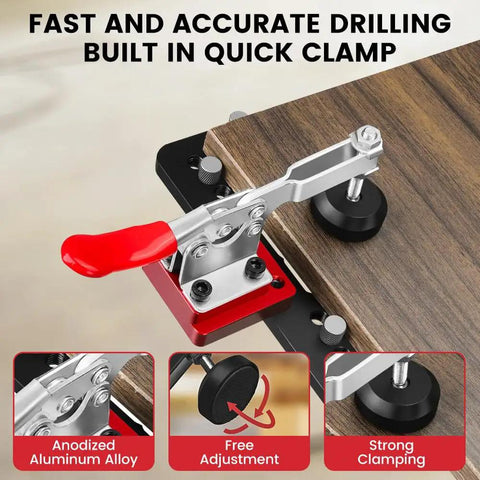 Concealed Hinge Jig For Cabinet Doors 35mm Metal Pro Grade DIY Woodworking Tool Kit With Precision Drill Bit Door Hinge Mounting Jig For Easy Cabinet Installations Durable Aluminum Alloy Built To Last shown with built-in quick clamp.