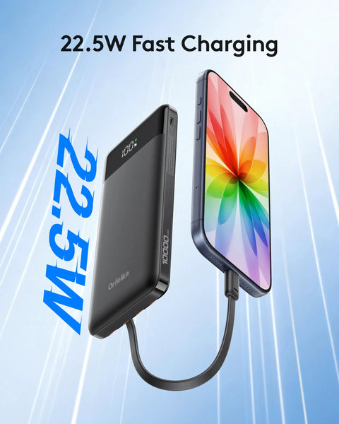 Rugged Portable Power Bank Delivering 22.5W Fast Charging Through Four Built In Cables For Plug And Play Convenience Ideal For Weekend Warriors Seeking A Reliable Quick Charge Fix On The Road Always, charging phone.