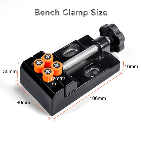 Close-up of a bench clamp with dimensions, featuring a metal screw handle and plastic body, used for secure grip in various crafting projects.