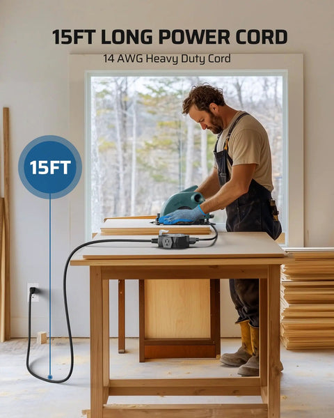 Heavy Duty 15 Feet Extension Cord With Five Outlet Power Hub For Workshop And Job Sites Fo Sho Reliable Overload Protection Built In Circular Layout Fits Bulky Plugs Straight Up Essential Gear, 15ft long cord in workshop.