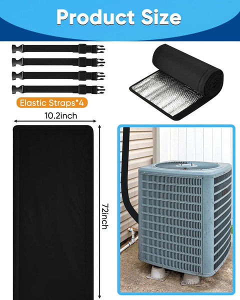 Outdoor AC Pipe Insulation Sleeve Wrap 3-Layer 600D Oxford Cover for Outside Hoses 72x10.2 Inches, showing size and straps