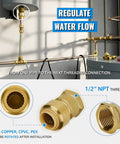 Half Inch FNPT Female Push To Connect Brass Adapter For PEX Copper CPVC Plumbing Fittings With Disconnect Clip Pack Of 12 No Lead Certified To ASSE 1061 And NSF 61 Safe For Drinking Water, showing installation on pipes.