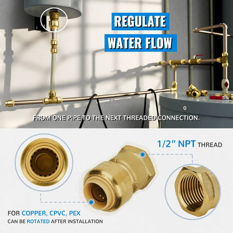Half Inch FNPT Female Push To Connect Brass Adapter For PEX Copper CPVC Plumbing Fittings With Disconnect Clip Pack Of 12 No Lead Certified To ASSE 1061 And NSF 61 Safe For Drinking Water, showing installation on pipes.