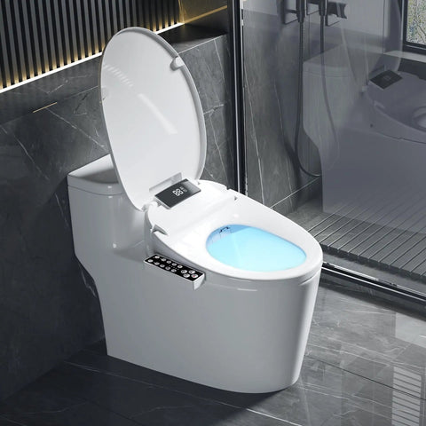 Top Tier Electric Heated Bidet Toilet Seat For Elongated Toilets With Soft Close Lid Warm Air Dryer Adjustable Water Settings Multi Clean Modes LED night light on open bidet.
