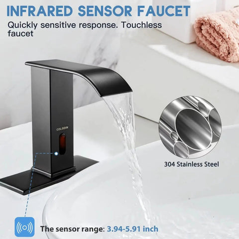 Touchless Sensor Bathroom Faucet With Automatic Waterfall Flow Matte Black Stainless Hands Free 1 Hole Install