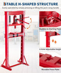 Built Tough As Nails 12 Ton Floor Shop Press Featuring Straight Shot Hydraulic H Design and dual steel moveable plates, showing stable H-shaped structure.