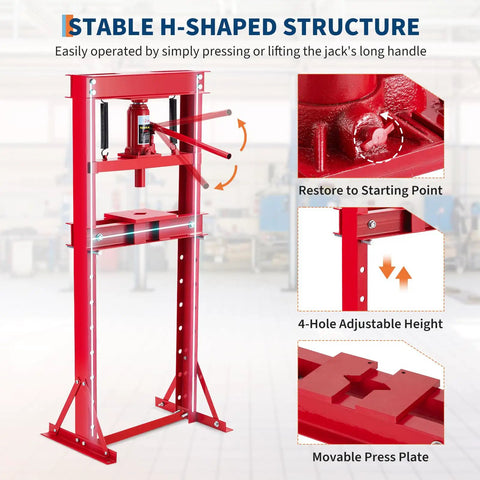 Built Tough As Nails 12 Ton Floor Shop Press Featuring Straight Shot Hydraulic H Design and dual steel moveable plates, showing stable H-shaped structure.