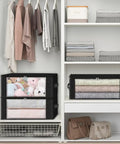 Three Pack Foldable Clothes Storage Bags With Large Clear Window And Sturdy Handles 35L Black in organized closet