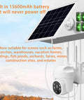 Heavy Duty 9W Solar Panel With Built In 15600 Mah Battery Reserve Set Up For Wireless Security Cameras And Outdoor Gear mounted on a wall, charging a security camera.