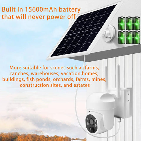 Heavy Duty 9W Solar Panel With Built In 15600 Mah Battery Reserve Set Up For Wireless Security Cameras And Outdoor Gear mounted on a wall, charging a security camera.