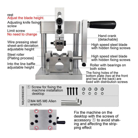 Detailed view of Heavy Duty Wire Stripping Machine For Scrap Copper Cable Peeling Tool showing adjustable blade height and accessories.