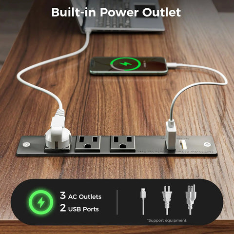Close-up of power outlets and USB ports on L Shaped Desk With Wood Drawers And Locking File Cabinet, 61 Inch Corner Office Desk.
