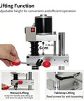 Badass Mini Bench Drill Press Kit With Smooth 24 Volt Seven Speed Showing adjustable lifting function and manual operation handle.