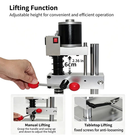 Badass Mini Bench Drill Press Kit With Smooth 24 Volt Seven Speed Showing adjustable lifting function and manual operation handle.