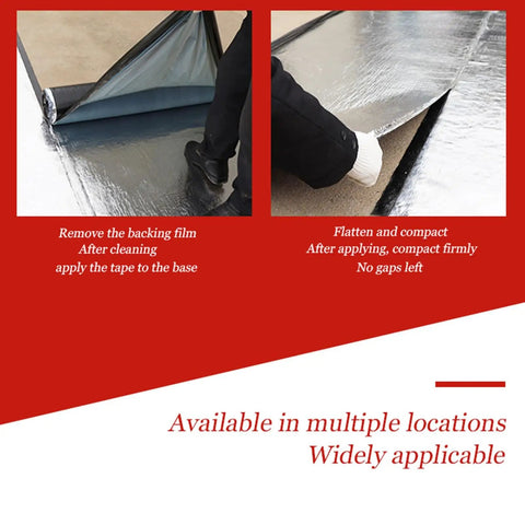 Rock Solid Asphalt Roof Repair Tape With Thick Aluminum Foil Waterproof Membrane being applied on flat surface for leak repair.
