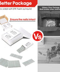 Packaging comparison of Galvanized 16 Gauge Finish Nails Assorted 2000 Count with protective foam vs damaged box showing exposed nails.