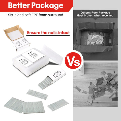 Packaging comparison of Galvanized 16 Gauge Finish Nails Assorted 2000 Count with protective foam vs damaged box showing exposed nails.