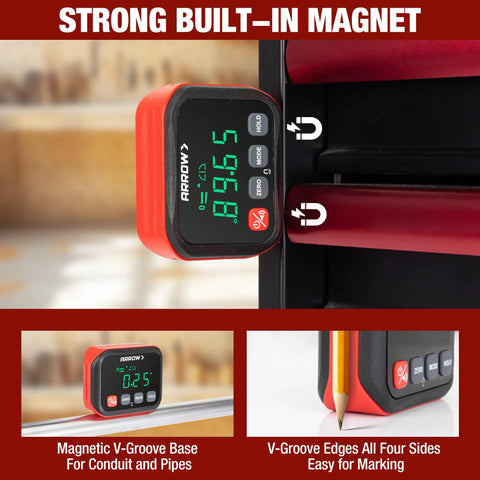 Job Site Ready Digital Angle Gauge And Knockout Precision Electronic Protractor Finder With Bullseye Accuracy on a magnetic surface.