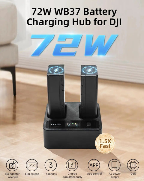 DJI WB37 Battery Charging Hub 72W USB C Fast Charger for WB37 Intelligent Battery with dual channels on wooden surface