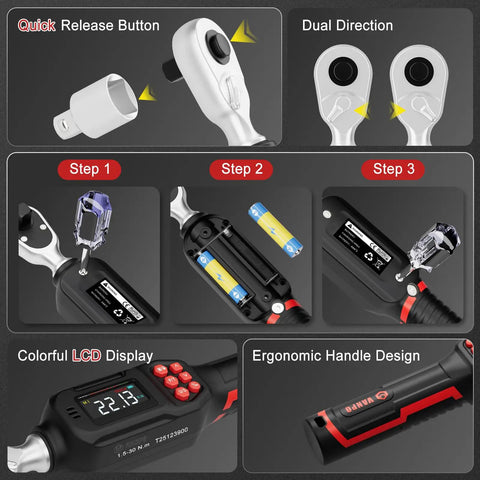 Digital Torque Wrench One Quarter Inch Precision Tool For Bikes And Small Engines Dialed In With Accurate Plus Minus Two Percent Torque From 1.11 To 22.13 Ft-Lb And 1.5 To 30 Nm, Ideal For Bike Builds Motorcycle Parts And DIY Garage Projects., black 1/4-inch digital torque wrench with LCD display and quick release button