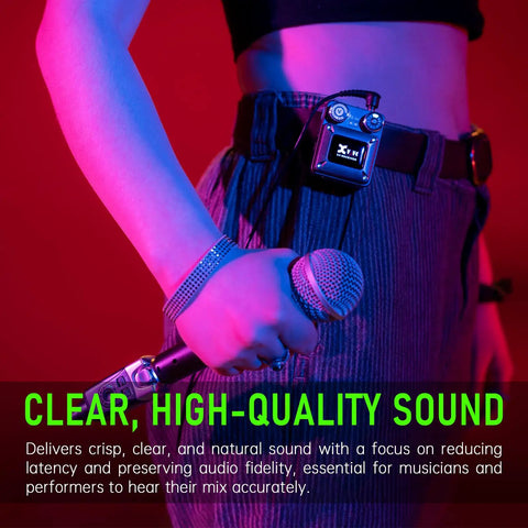 Performer wearing U4 Wireless In-Ear Monitor System For Studio And Live Gigs, Beltpack Receiver on waistband, holding a microphone
