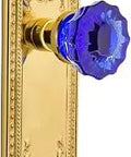 Meadows Plate Privacy Crystal Cobalt Glass Door Knob Set With Polished Brass Finish Forged Brass Plates Crystal Knobs Privacy Lock