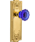 Meadows Plate Single Dummy Crystal Cobalt Glass Door Knob Set In Polished Brass With Solid Forged Brass Plates for old-school restoration