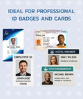Plug And Play Desktop Identification Card Printer With Built In Camera And Full Color Ribbon Shoots Out Crisp Badges Instantly showcasing various sample ID badges.
