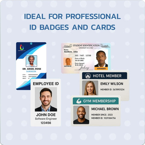 Plug And Play Desktop Identification Card Printer With Built In Camera And Full Color Ribbon Shoots Out Crisp Badges Instantly showcasing various sample ID badges.
