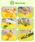 Kids kitchen knife set for toddlers, 11 pieces; colorful Montessori tools with kid-safe knives, peeler, and cutting board