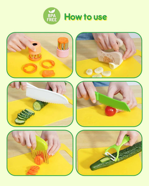 Kids kitchen knife set for toddlers, 11 pieces; colorful Montessori tools with kid-safe knives, peeler, and cutting board