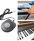 Universal Foot Pedal For Digital Pianos And MIDI Gear, 6.5mm Interface next to keyboards and musician's hand playing