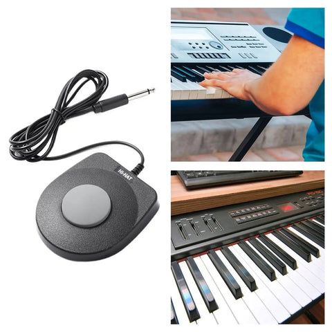 Universal Foot Pedal For Digital Pianos And MIDI Gear, 6.5mm Interface next to keyboards and musician's hand playing