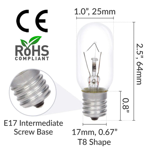 6 Pack T8 40W Microwave Appliance Light Bulbs Incandescent E17 Medium Screw Base Dimmable 2700K Warm White For Ovens