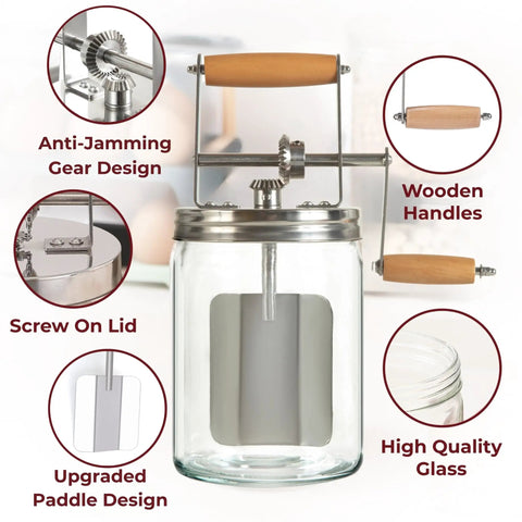 Effortless Hand Crank Butter Churner Fits Classic Mason Jars For Rustic Kitchen Vibes And Making Real Homemade Sweet Cream That The Whole Family Totally Freaks Out Over Daily features wooden handles and stainless steel gear.