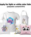 White and light-colored garments and pillows with printed designs, suitable for sublimation using polyester fabric.