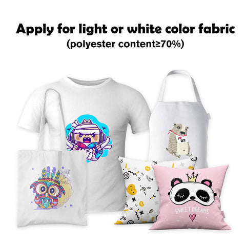 White and light-colored garments and pillows with printed designs, suitable for sublimation using polyester fabric.