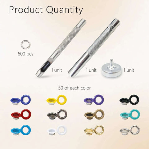 Image showing Three Sixteenths Inch Metal Eyelets Grommets Kit With Boxed Installation Tools, featuring 600 pcs in 12 colors for DIY projects.