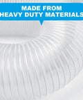 Heavy Duty 4 Inch PVC Dust Collection Hose, 50 Feet Long, showing flexible clear material and durable ribbing, close-up view.