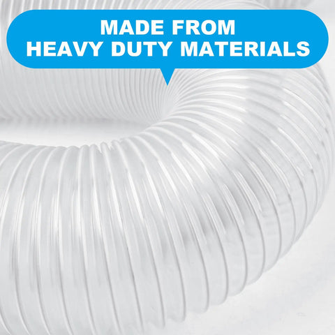 Heavy Duty 4 Inch PVC Dust Collection Hose, 50 Feet Long, showing flexible clear material and durable ribbing, close-up view.