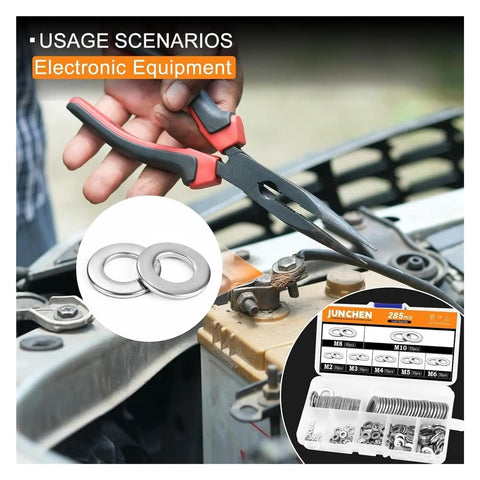 Using tools with the 285 Piece Stainless Steel Fender Washer Kit M2 To M10, shown with organized storage box and washers
