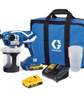 Pro Grade Cordless Airless Handheld Paint Sprayer Featuring Triax Triple Piston Pump with battery and carrying bag.