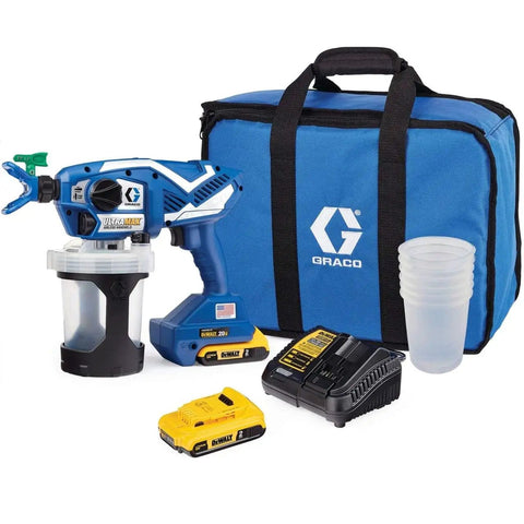 Pro Grade Cordless Airless Handheld Paint Sprayer Featuring Triax Triple Piston Pump with battery and carrying bag.