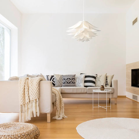 Dope Puzzle Pendant Lamp Shade Lotus Flower DIY Jigsaw Kit For Hanging Ceiling Light White 20 Inch in modern living room.