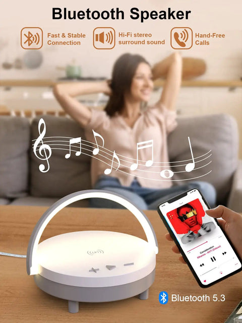 4 In 1 LED Night Light Bluetooth Speaker Wireless Charger Phone Holder Touch Bedside Lamp For Bedroom Or Office with music notes and smartphone app