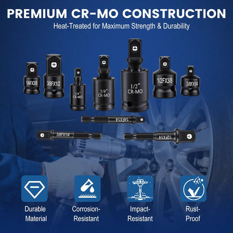 10 Piece Socket Adapter Set For One Quarter Three Eighths One Half Inch Drives With Reducers Universal Joints And Drill Adapters CrMo Steel Built Tough Heavy Duty Impact Gear For Auto Repair And DIY Projects. Cr-Mo adapters for impact tools