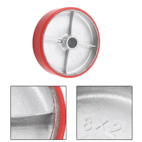 Badass Heavy Duty 8 Inch Industrial Caster Wheel, Silent Polyurethane Tread Rolls No Noise On Any Floor, Non Marking Steel Hub Takes Serious Abuse, No Sweat Bolt On With Included Mounting Bolts - Close up of wheel showing polyurethane tread and steel hub.